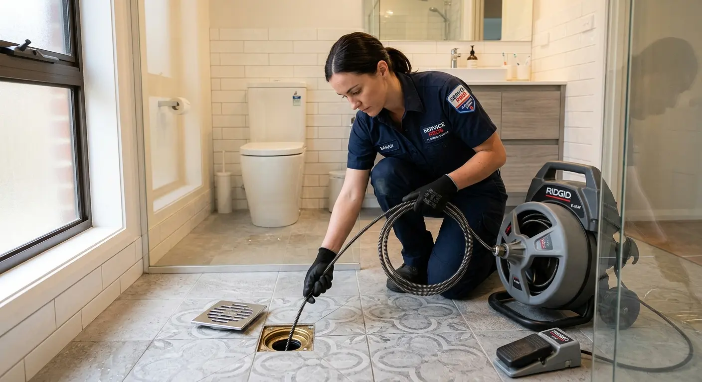 Technician clearing a bathroom floor drain for Hydro Jetting in Allen
